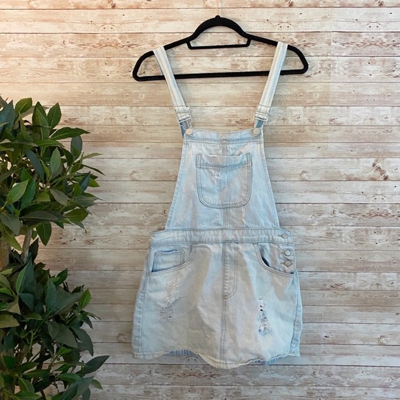 F21 Light Denim Distressed Overall Dress - Picture 1 of 12